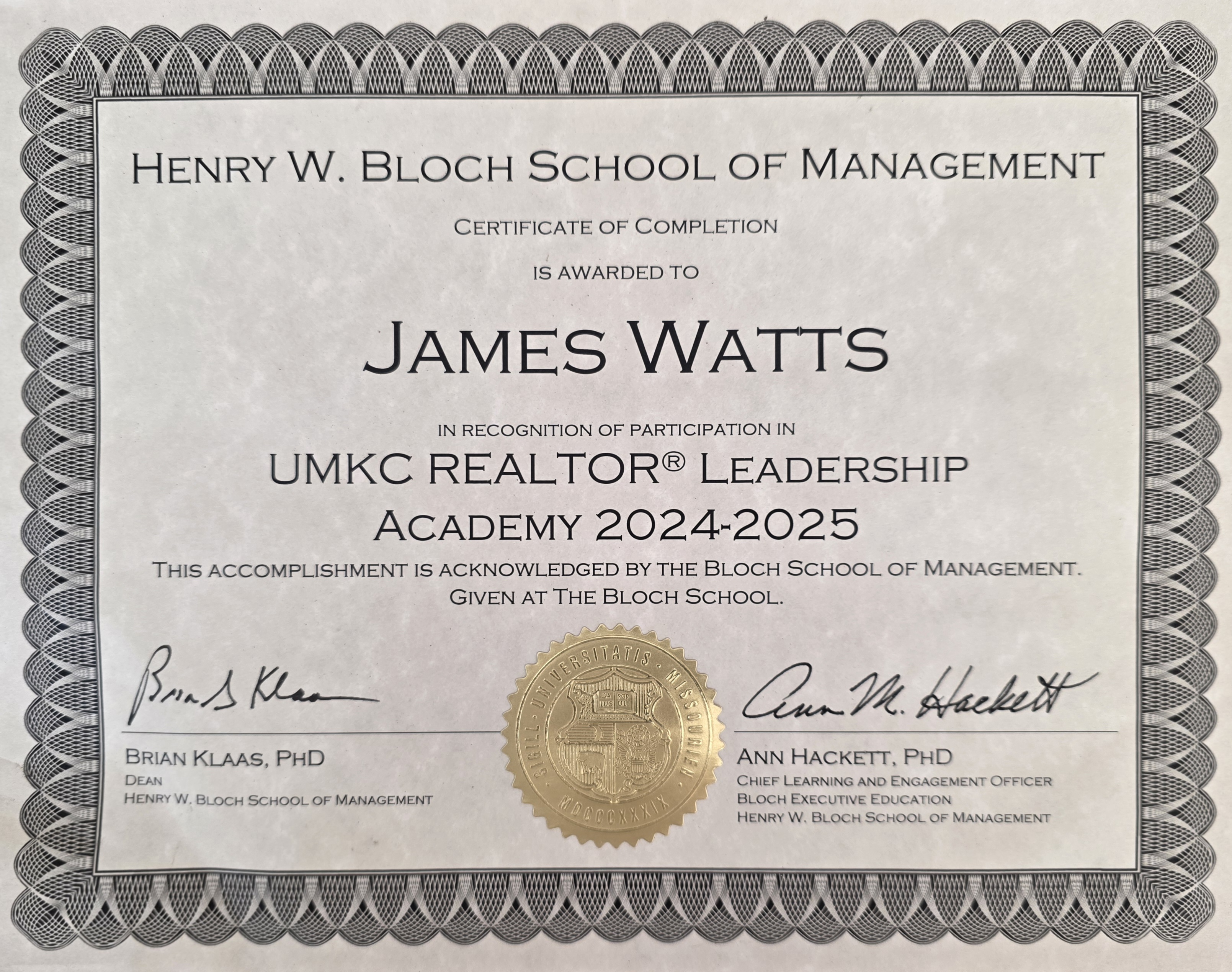 UMKC REALTOR Leadership Academy Certificate — James Watts, Henry W. Bloch School of Management